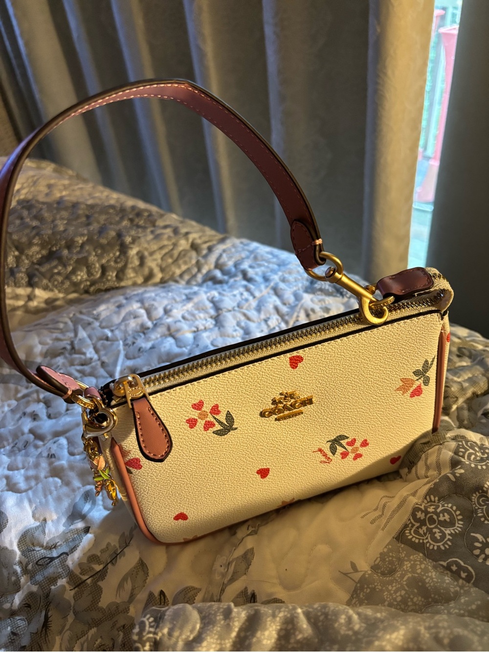 Coach Cream Mini Shoulder Bag with Pink Trim and Floral Accents
